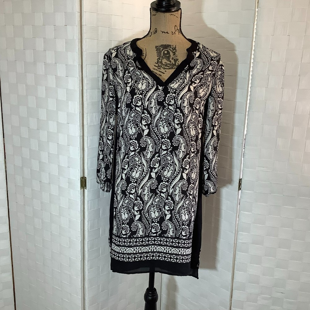 City Triangles black white paisley sheer tunic mini dress size medium